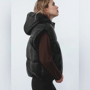 NWOT Zara Oversized Hooded Faux Leather Puffer Vest